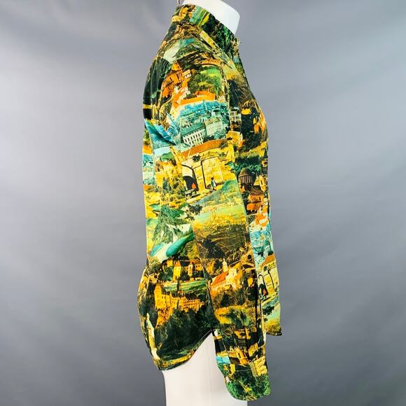 Size S Yellow Green Italy Print Cotton Button Down Collar Long Sleeve Shirt - Picture 3 of 6